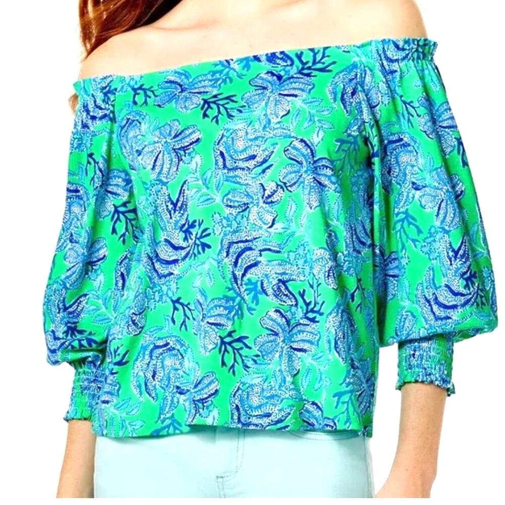 NWT Lilly Pulitzer Lessa Keepin It Reel Off Shoulder Top Cabana Green XS